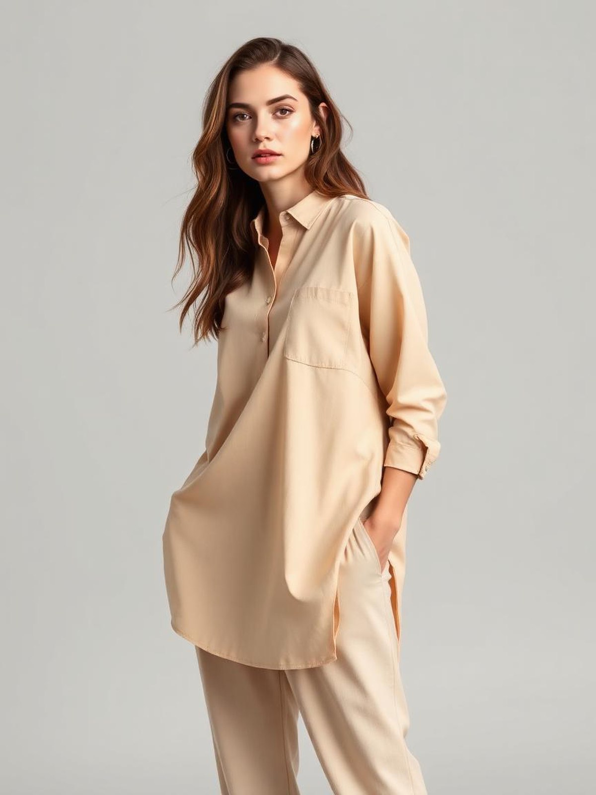 Beige Longline Tunic Shirt — Beige