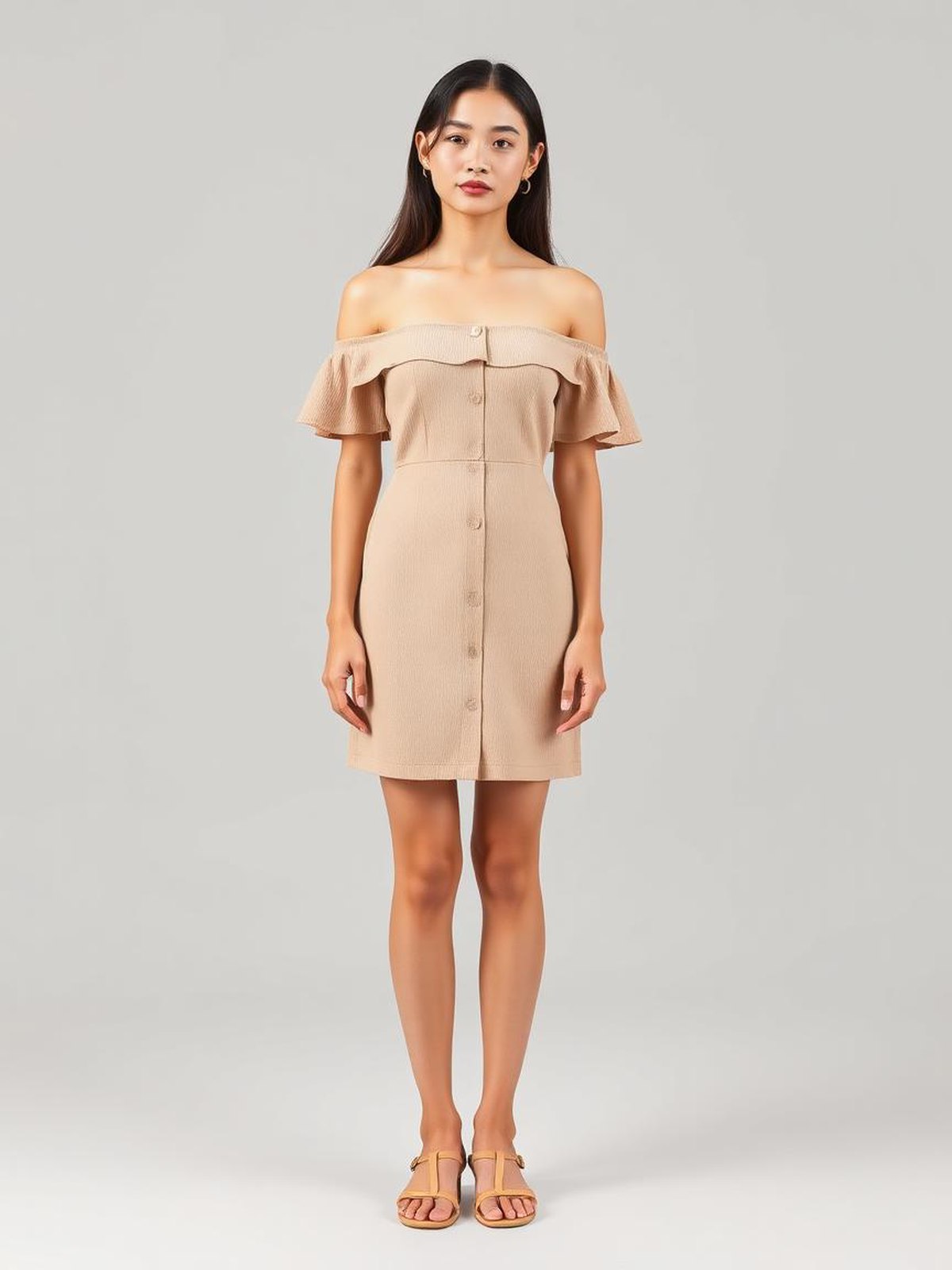 Beige Off-Shoulder Mini Dress — Beige