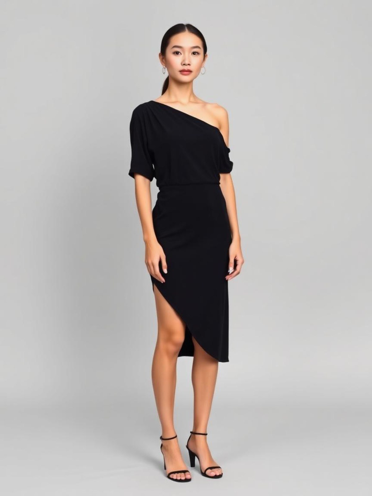 Black Draped One-Shoulder Dress — Black