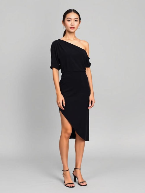 Black Draped One-Shoulder Dress — Black