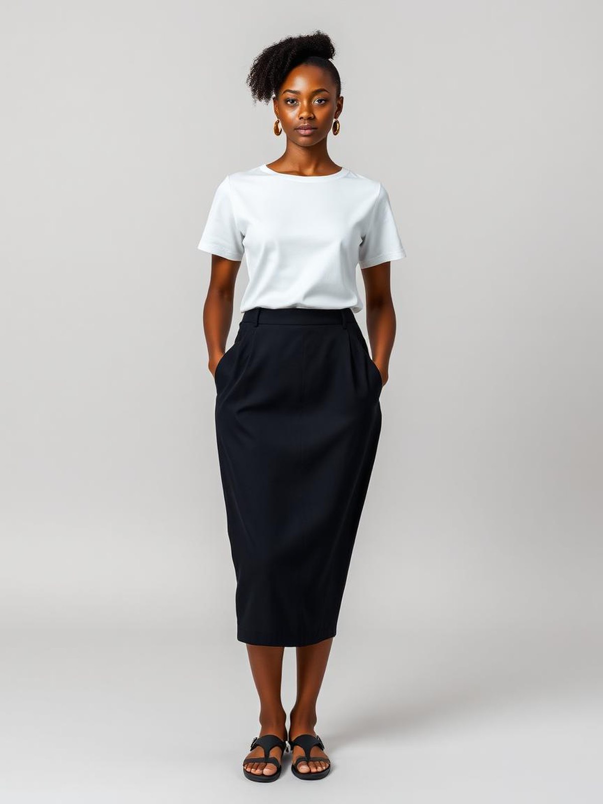 Black Pencil Midi Skirt — Black