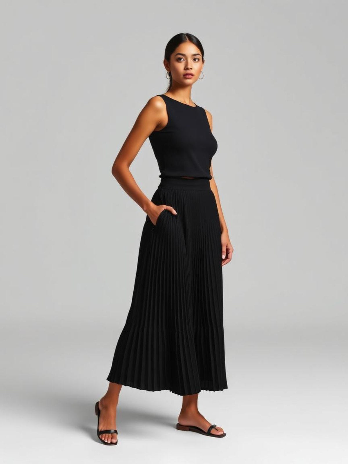 Black Pleated Midi Skirt