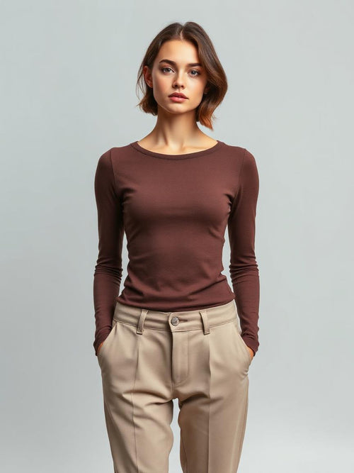 Brown Fitted Jersey Top — Brown