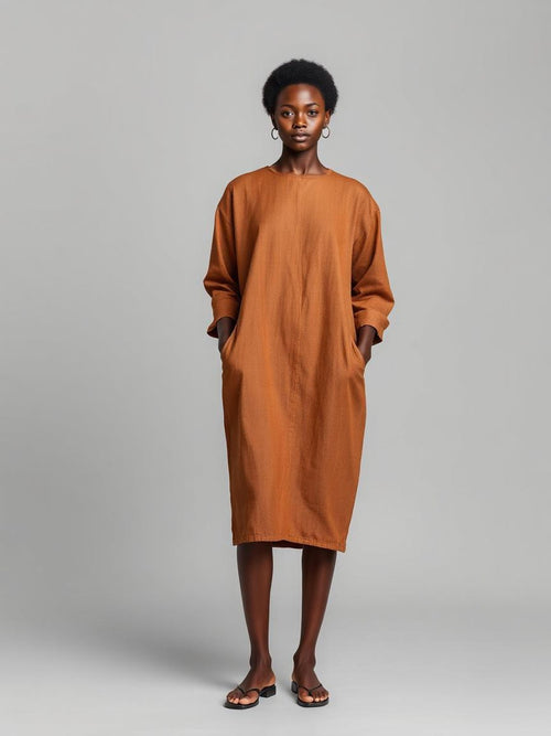 Brown Linen Shift Dress — Brown