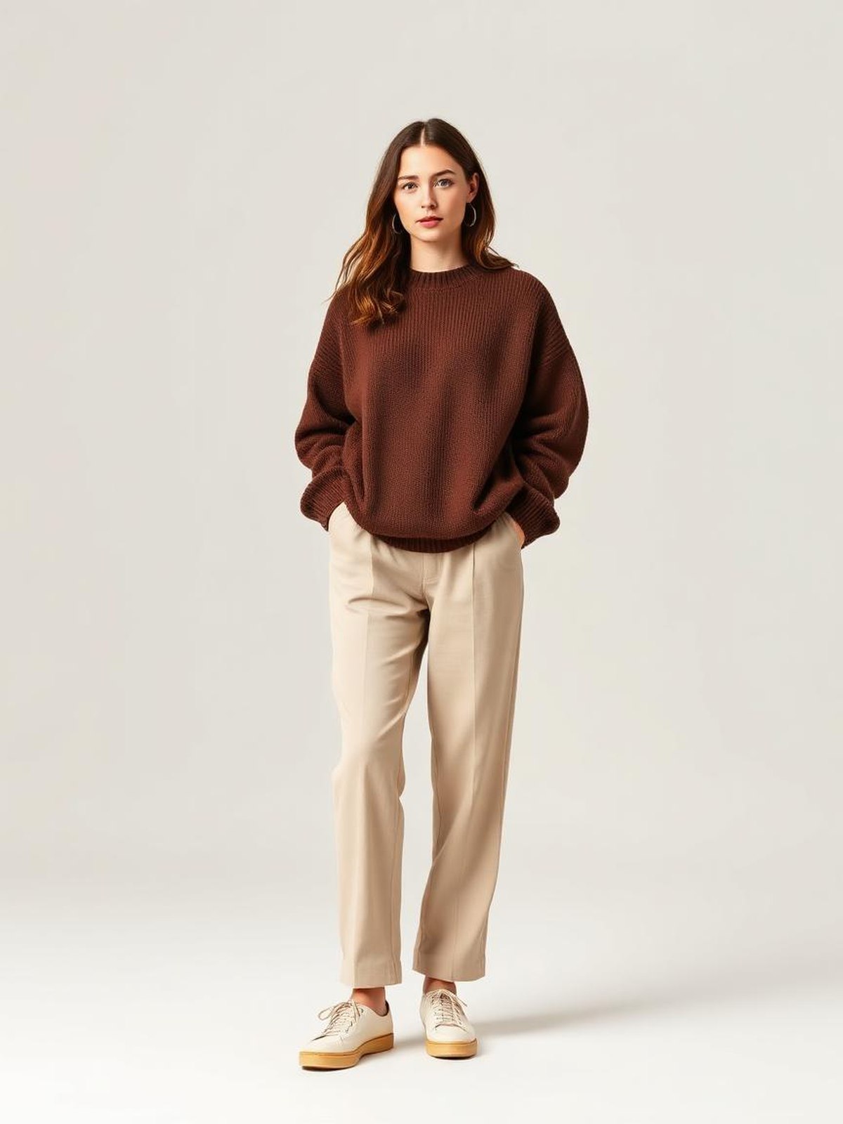 Brown Oversized Crew Sweater — Brown