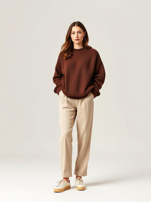 Brown Oversized Crew Sweater — Brown
