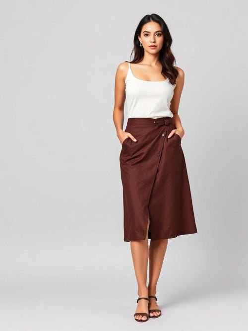 Brown Wrap Midi Skirt — Brown