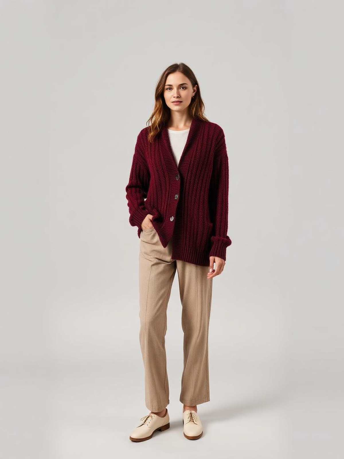 Burgundy Chunky Cable Cardigan — Burgundy