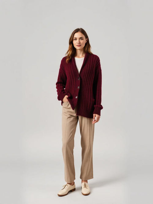 Burgundy Chunky Cable Cardigan — Burgundy