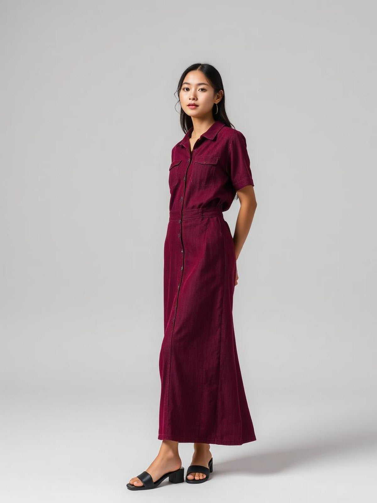 Burgundy Denim Button-Front Dress