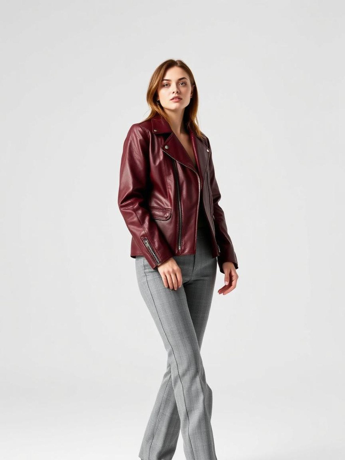Burgundy Faux Leather Biker Jacket