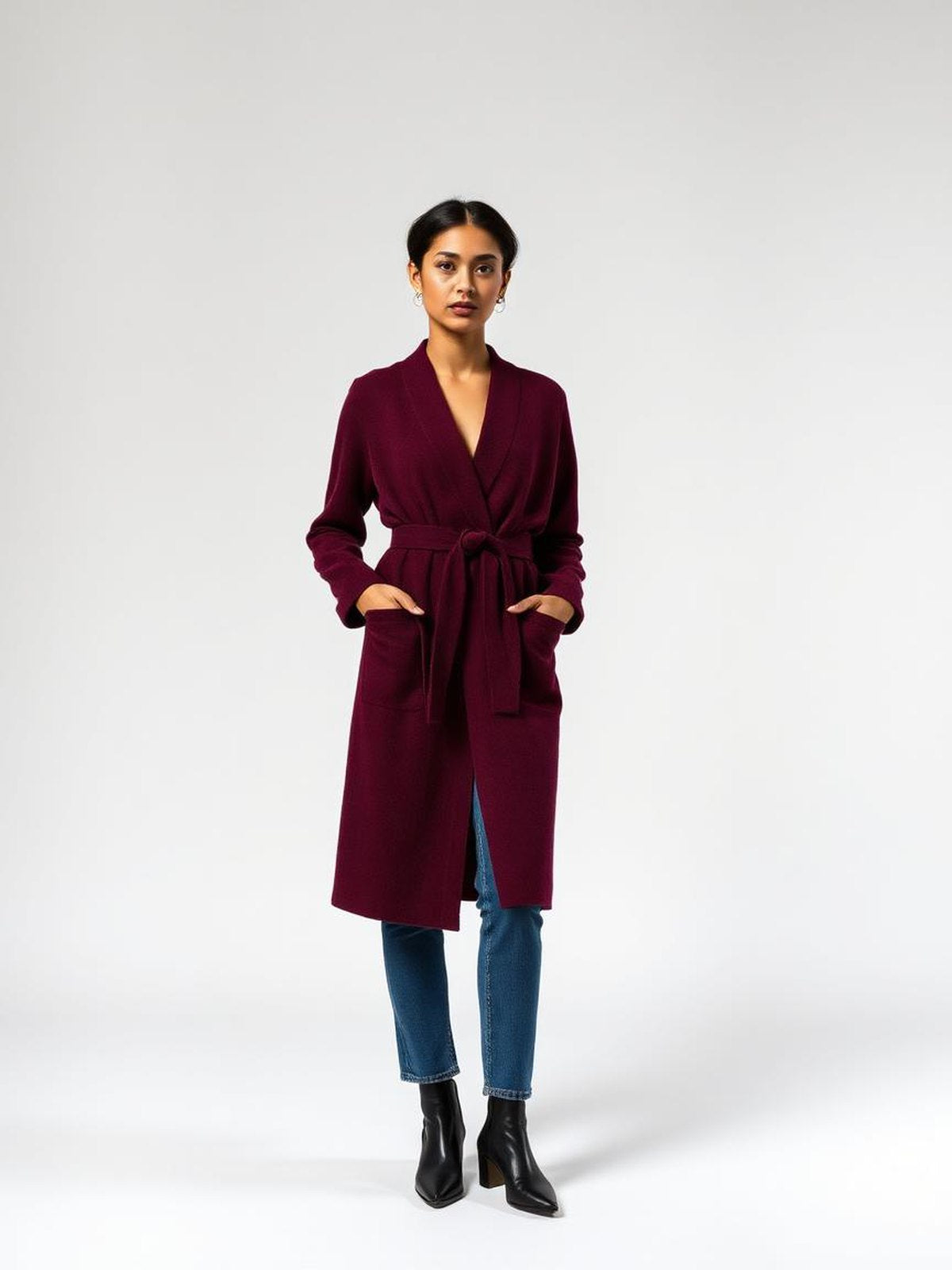 Burgundy Longline Belted Cardigan