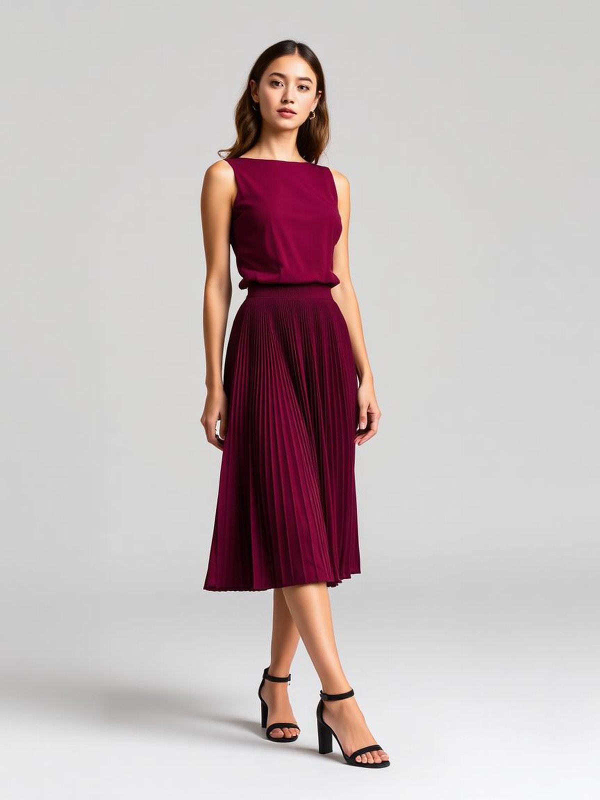 Burgundy Pleated Midi Skirt