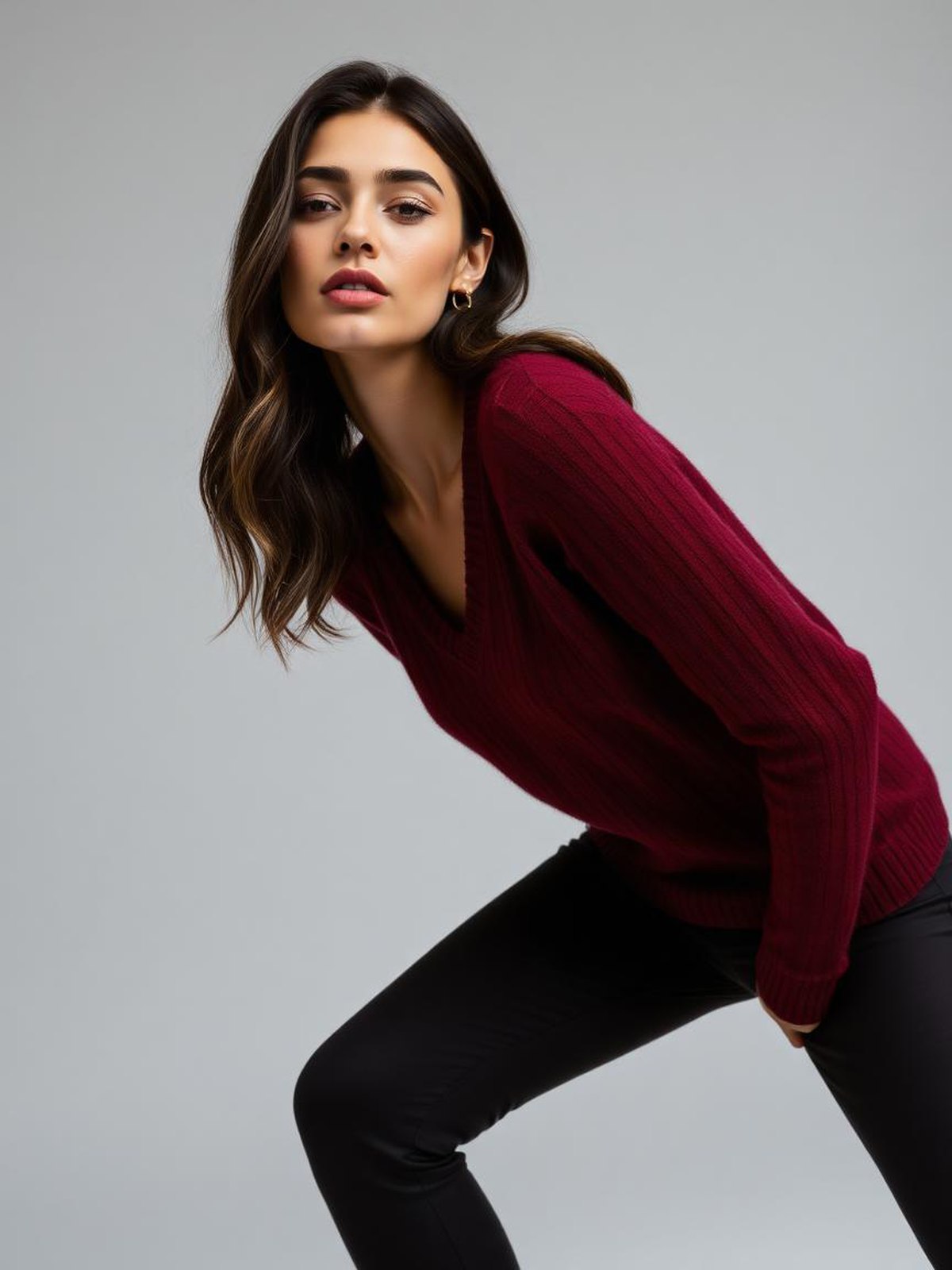 Burgundy V-Neck Fine Knit Sweater