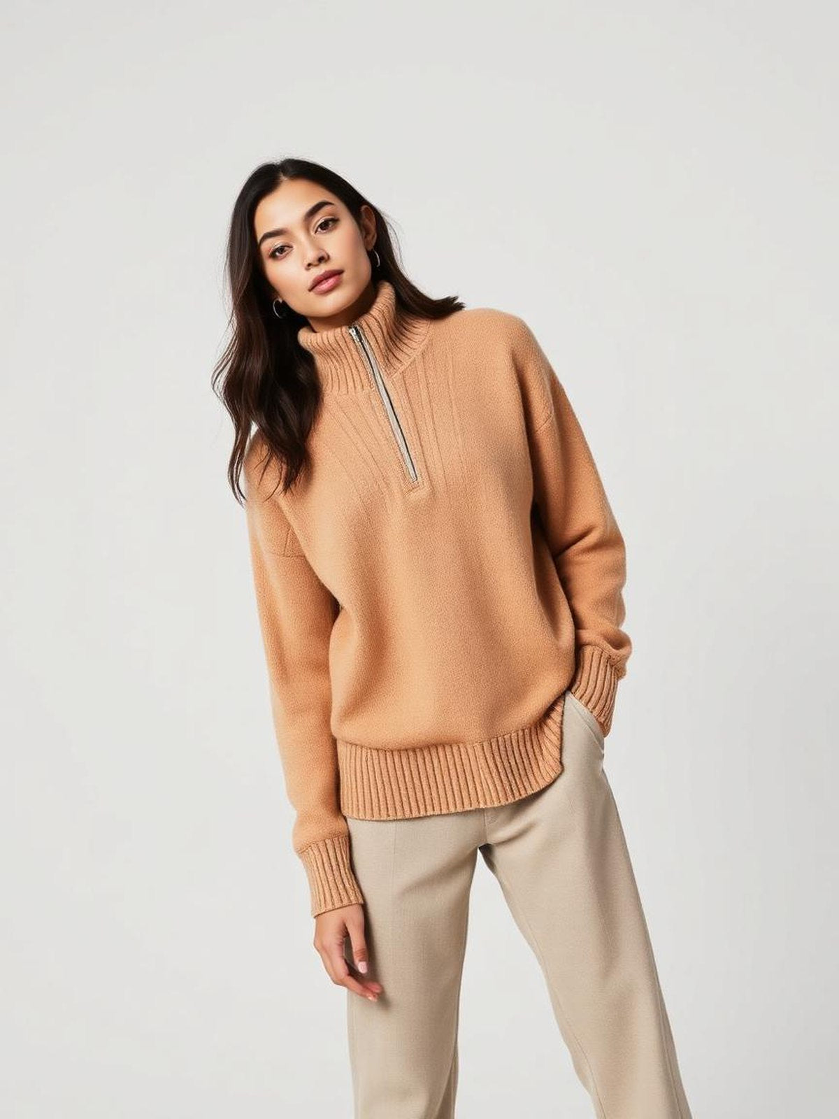 Camel Half-Zip Knit Pullover