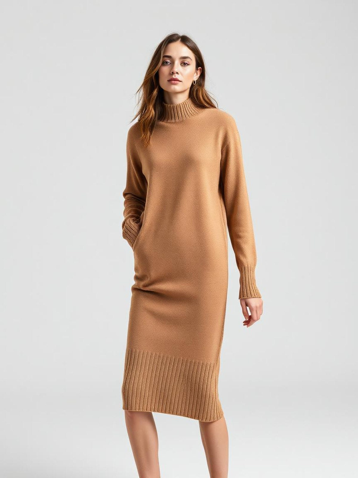 Camel Knitted Sweater Dress