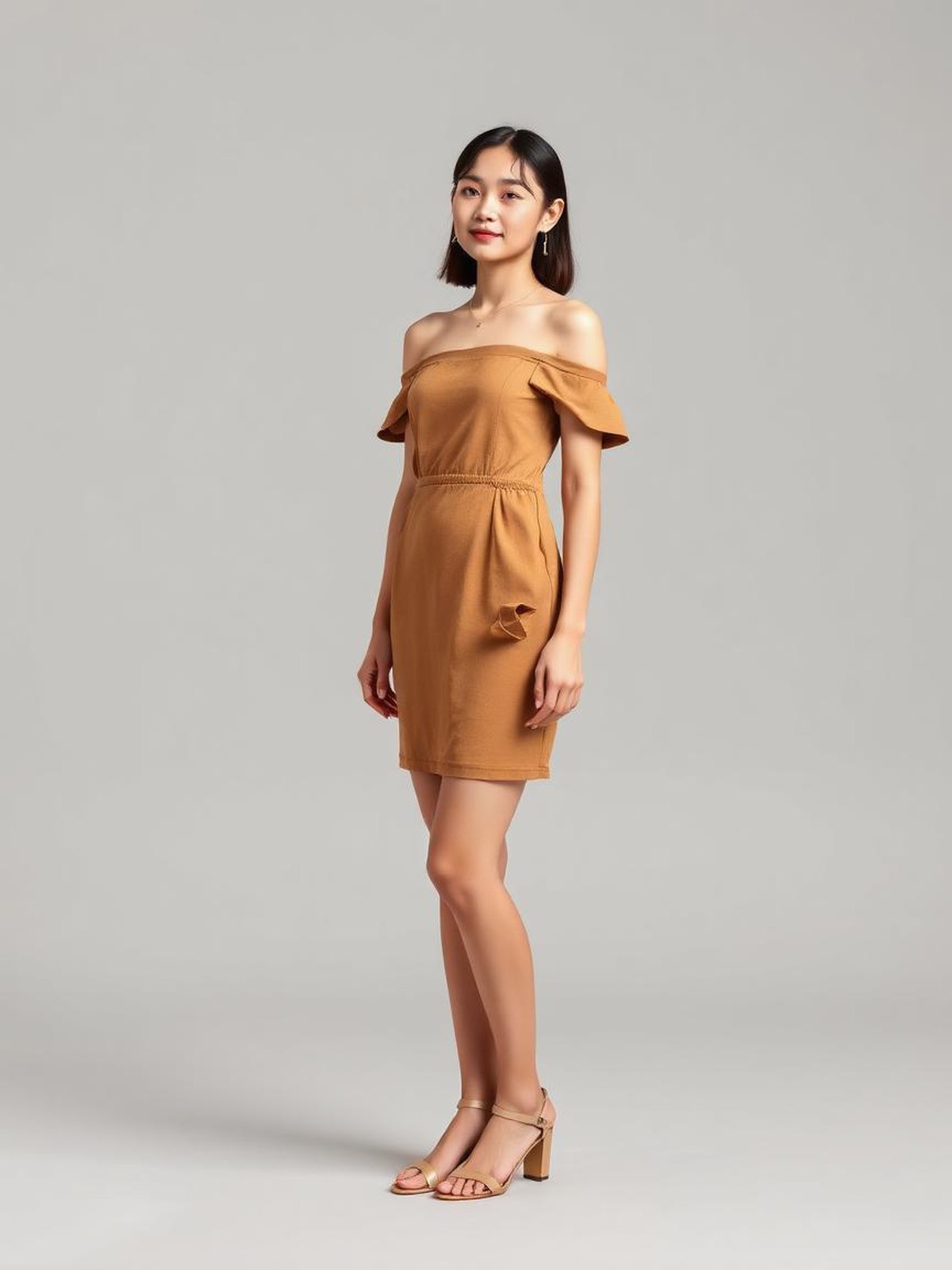 Camel Off-Shoulder Mini Dress — Camel