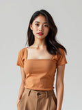 Camel Square Neck Fitted Top