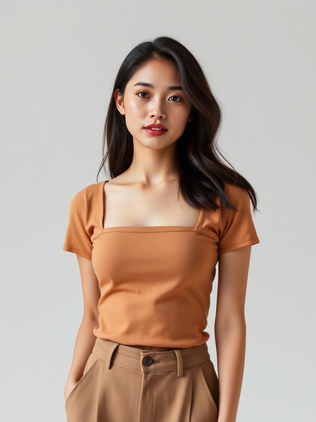 Camel Square Neck Fitted Top