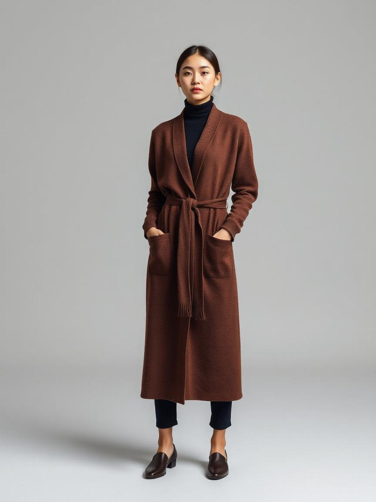 Chocolate Longline Belted Cardigan