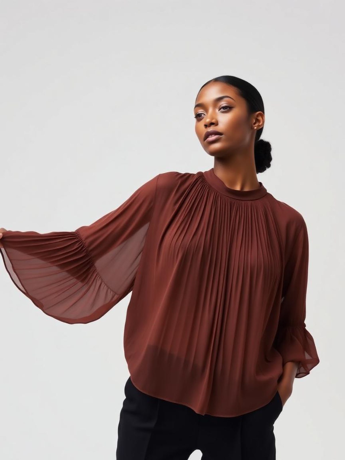 Chocolate Pleated Chiffon Blouse