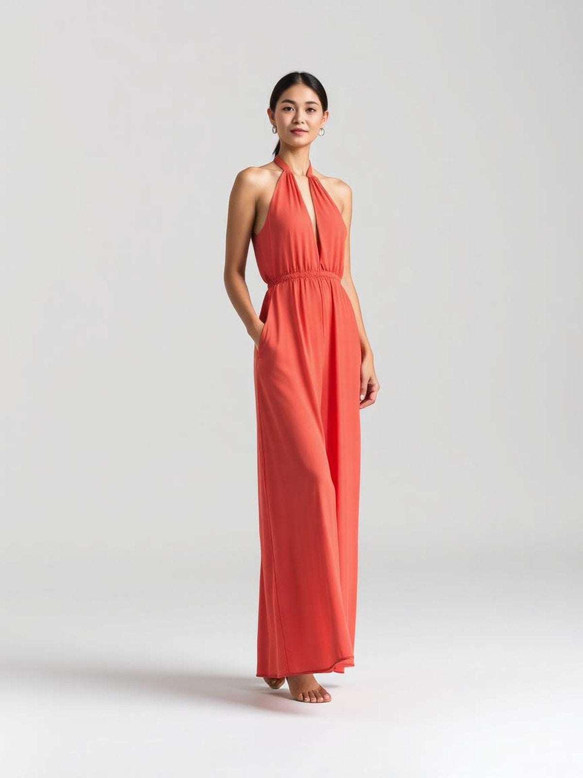 Coral Halter Neck Maxi Dress
