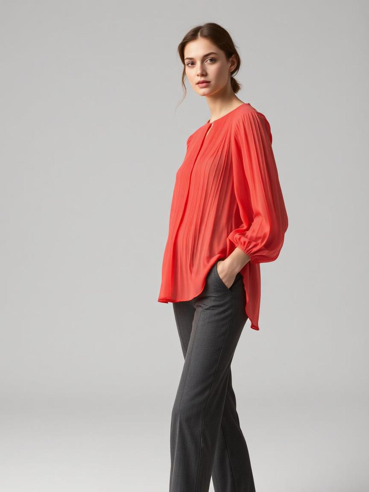 Coral Pleated Chiffon Blouse
