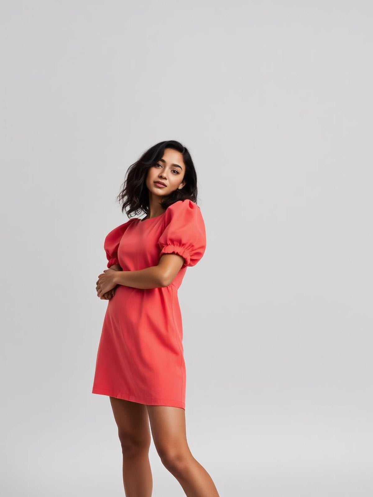 Coral Puff Sleeve Mini Dress