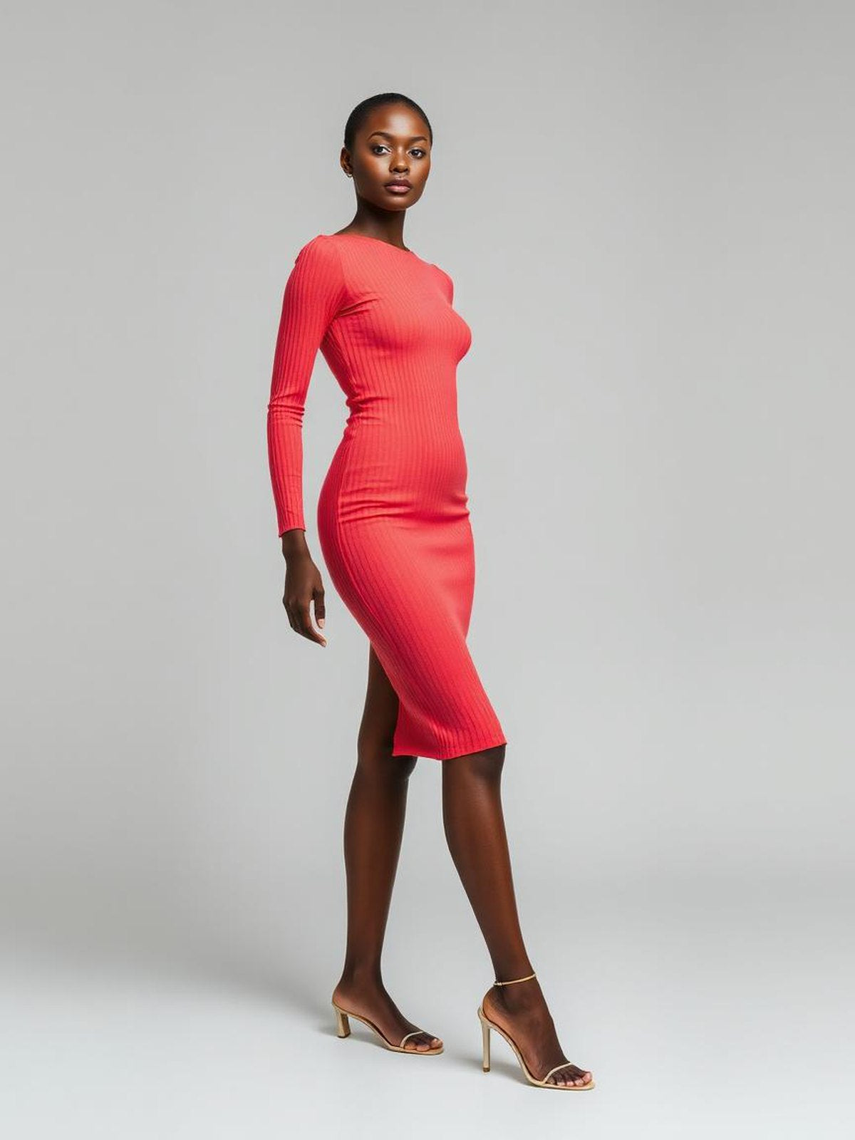 Coral Ribbed Bodycon Dress