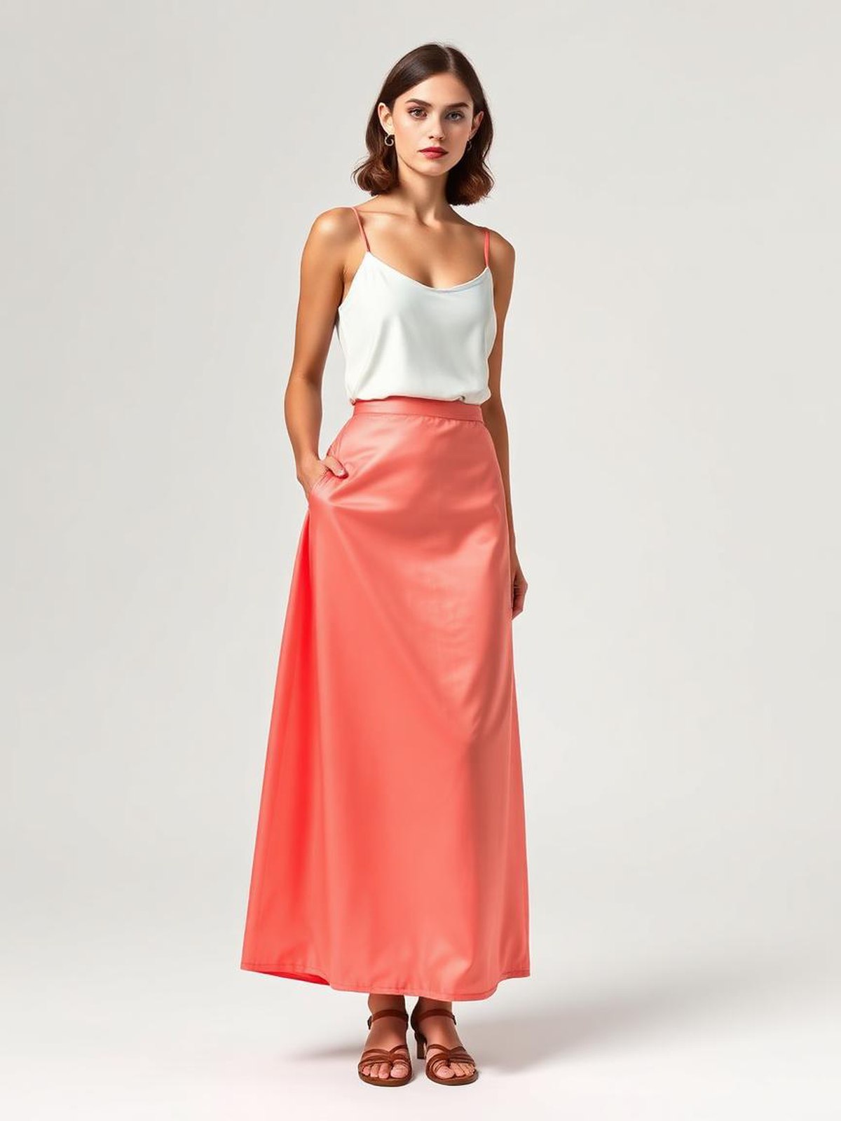 Coral Satin Slip Skirt