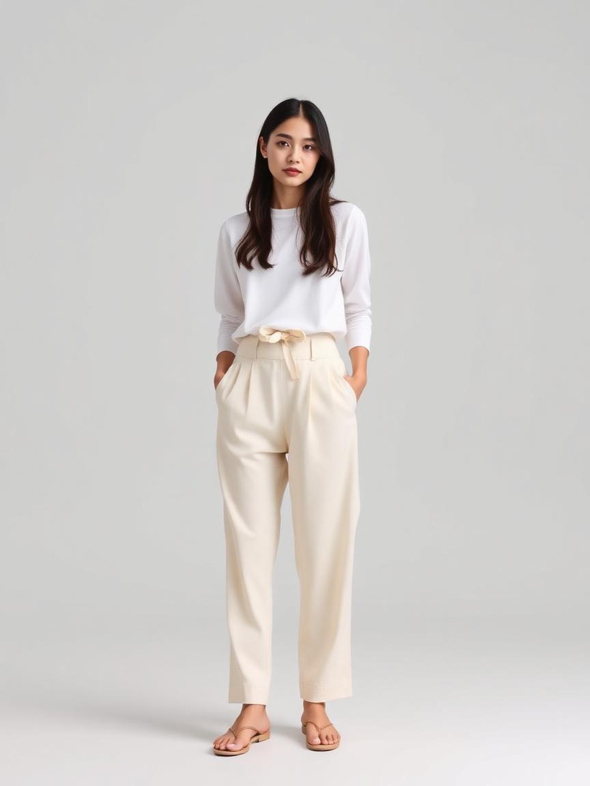 Cream Paperbag Waist Trousers — Cream