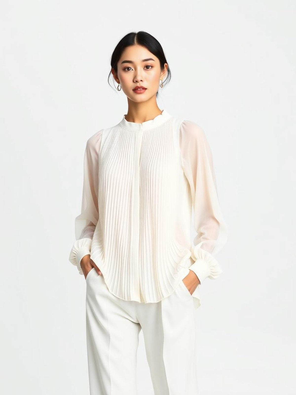 Cream Pleated Chiffon Blouse