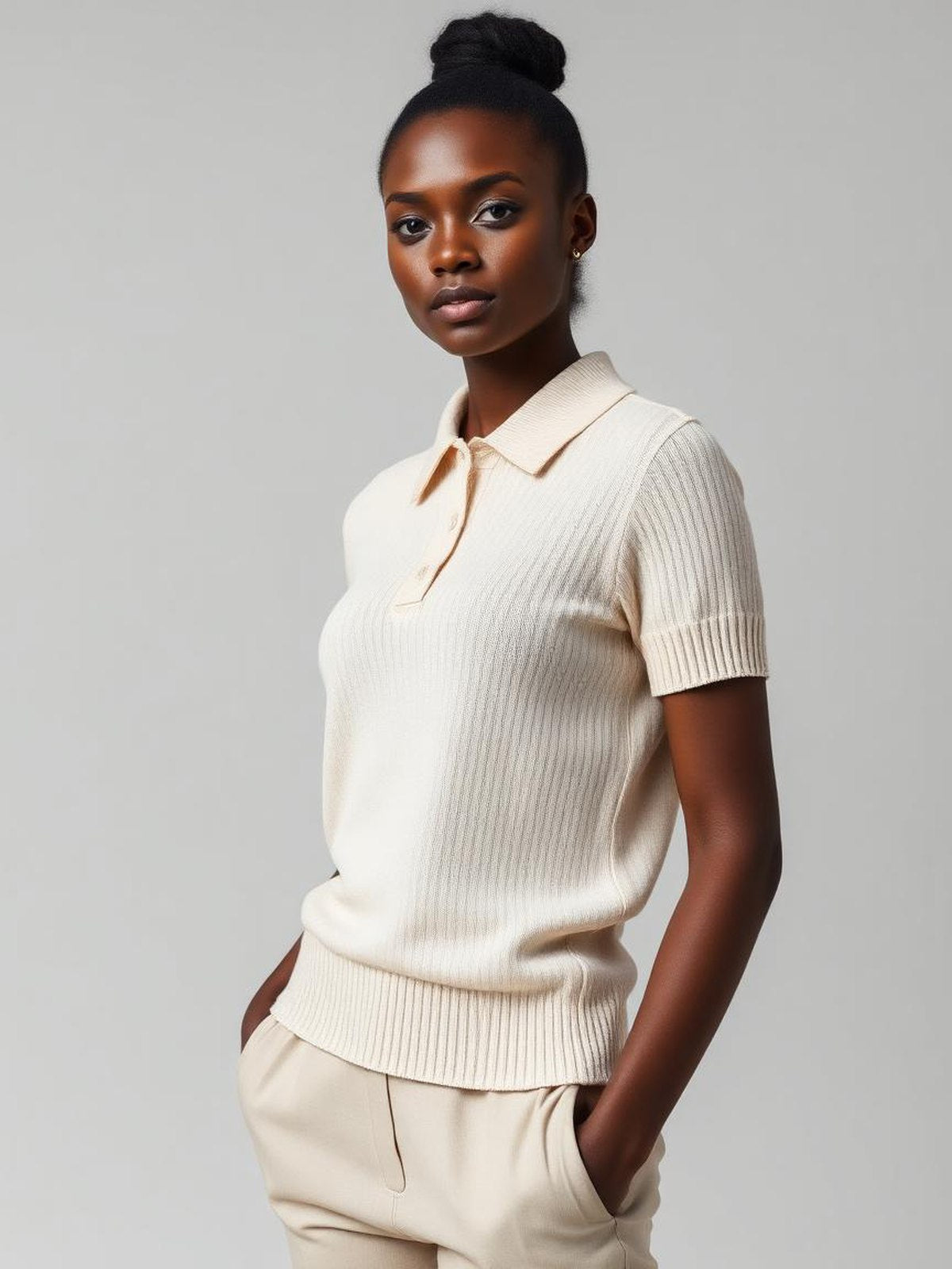 Cream Polo Knit Top