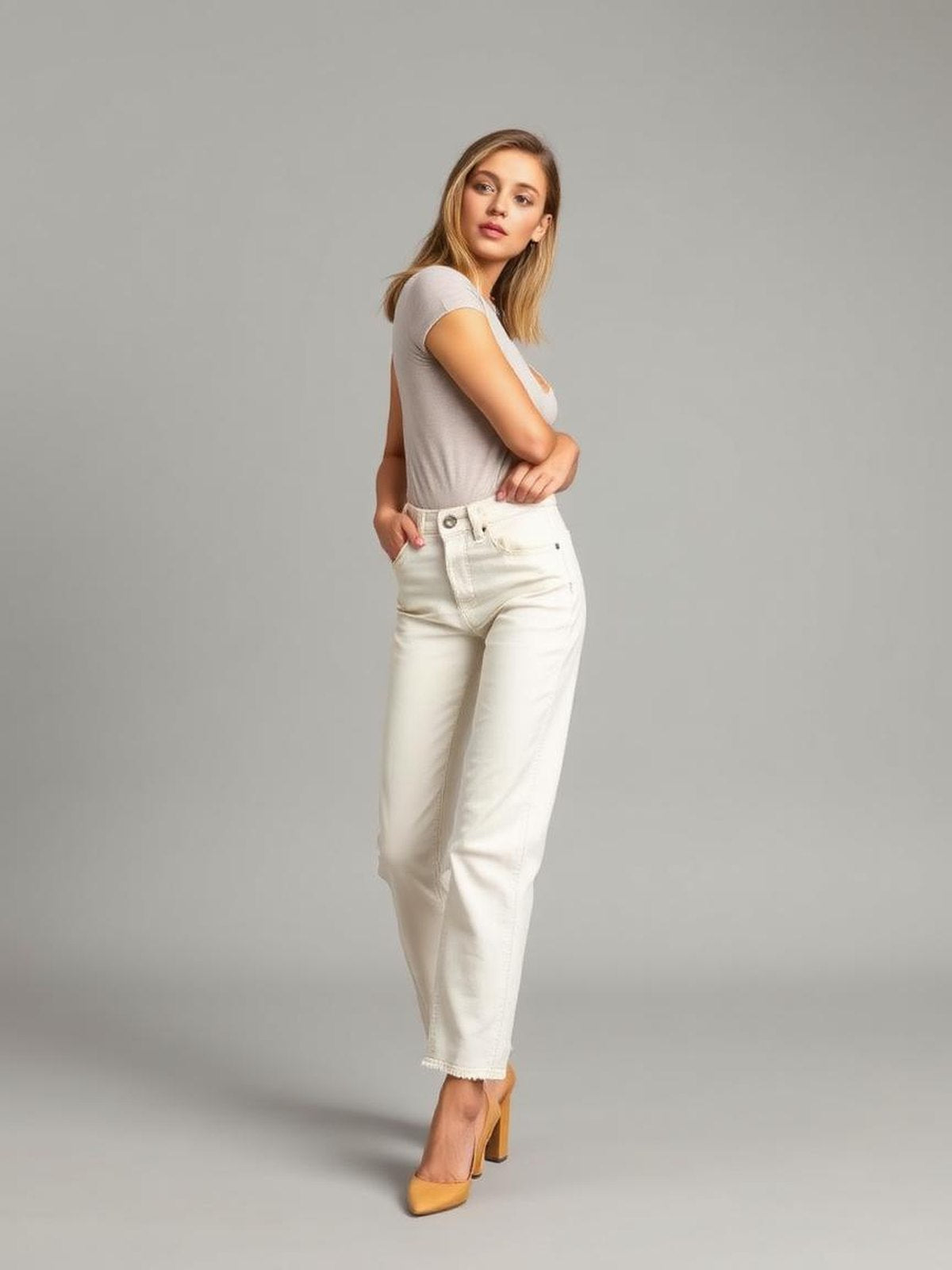 Cream Straight Leg Jeans
