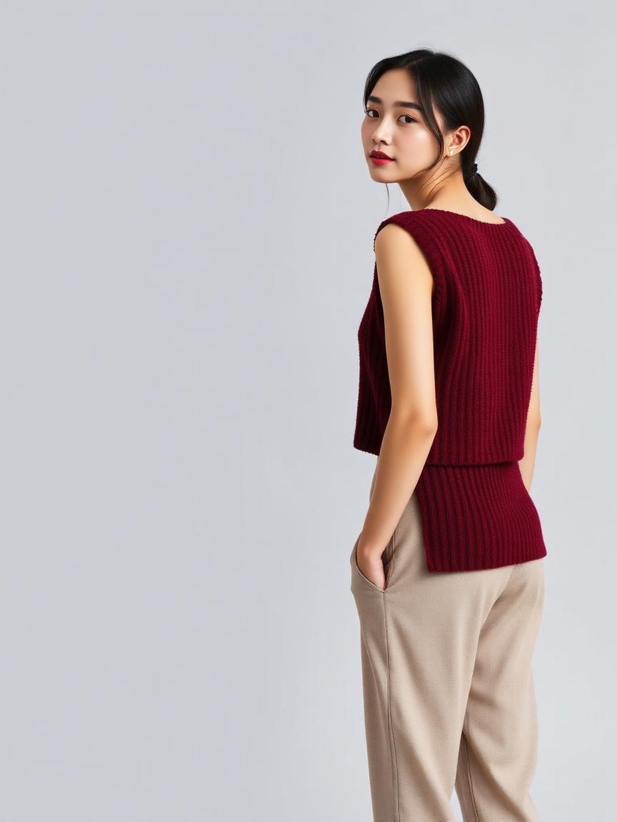 Cropped Knit Vest — Burgundy