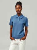 Denim Blue Polo Knit Top
