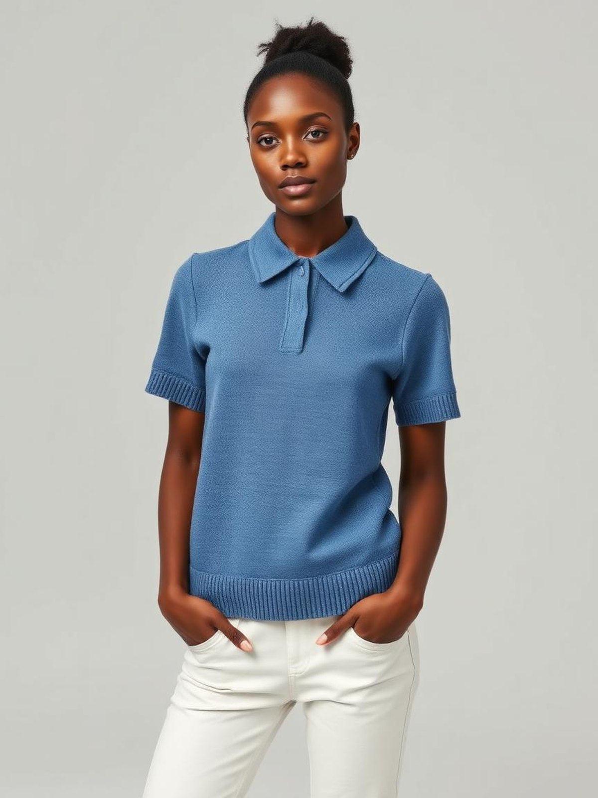 Denim Blue Polo Knit Top