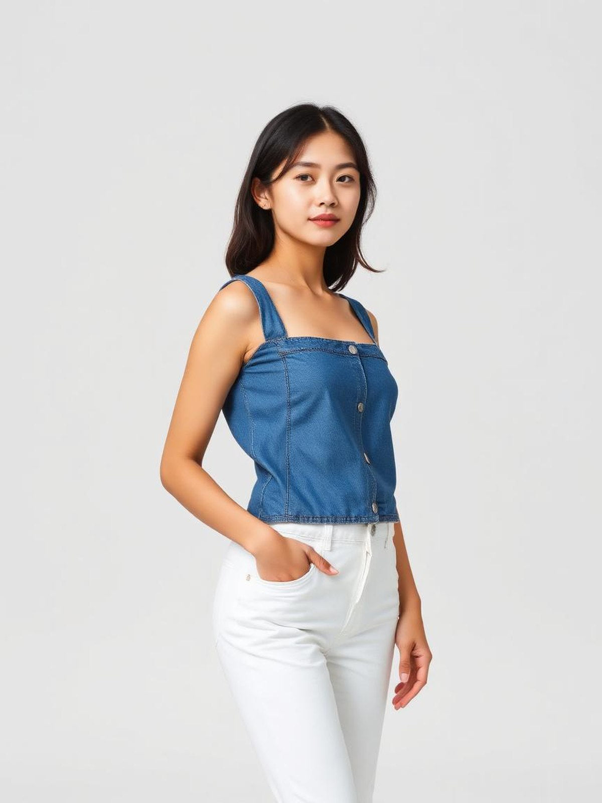 Denim Blue Square Neck Fitted Top