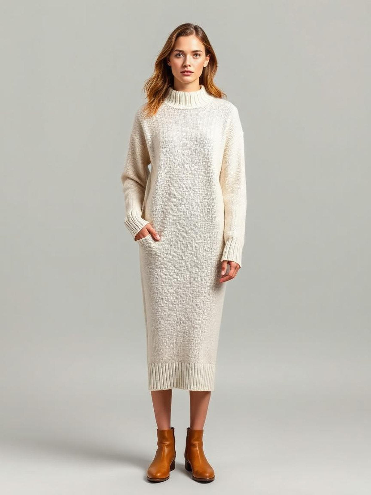 Ecru Knitted Sweater Dress — Ecru