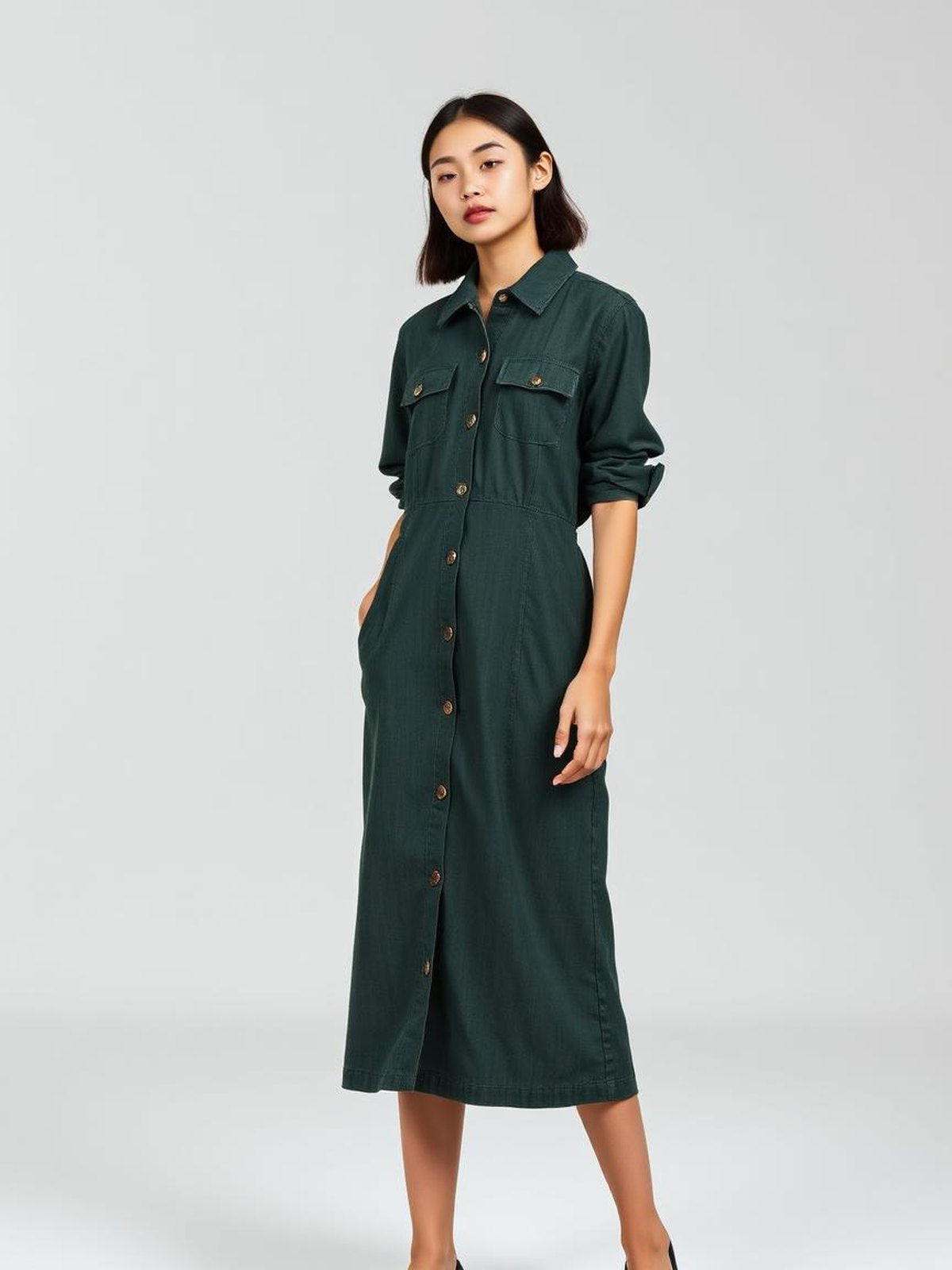 Forest Denim Button-Front Dress