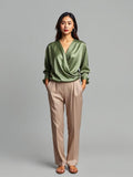 Green Satin Draped Blouse — Green