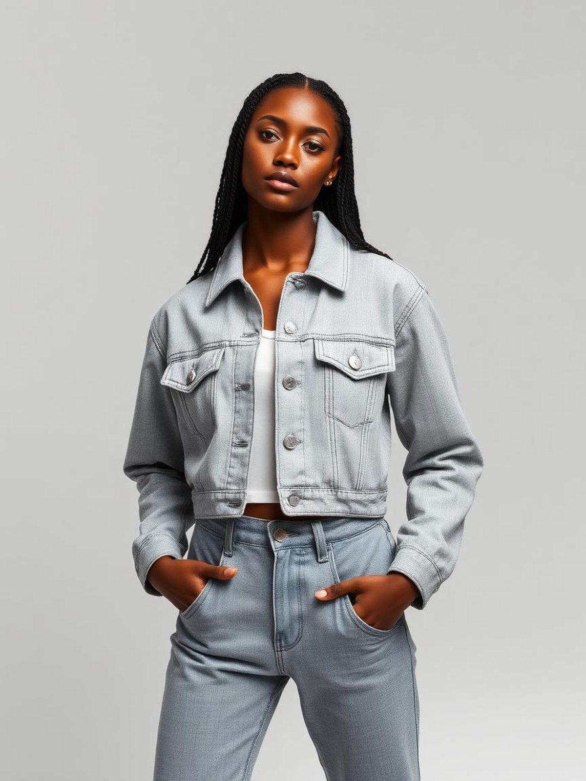 Grey Melange Cropped Denim Jacket