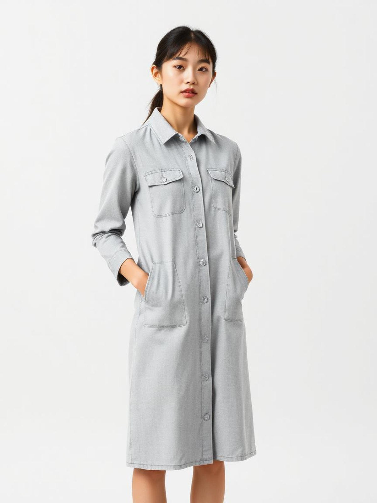 Grey Melange Denim Button-Front Dress