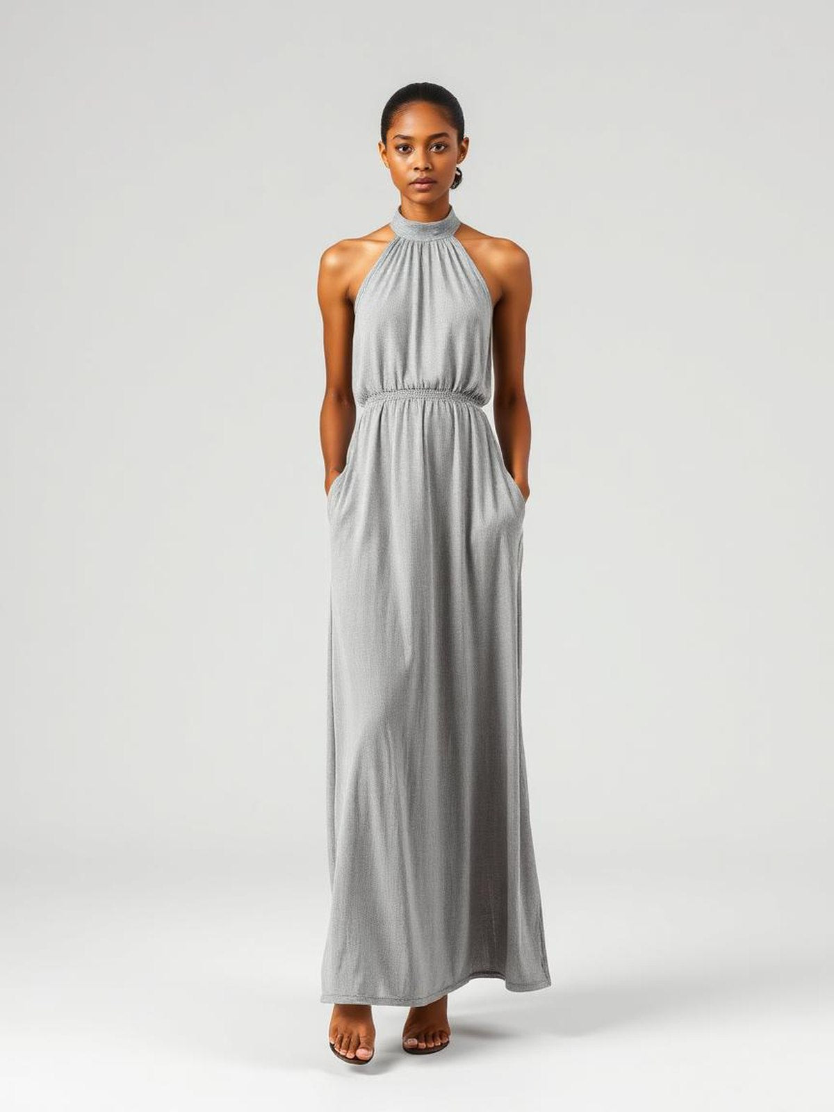 Grey Melange Halter Neck Maxi Dress