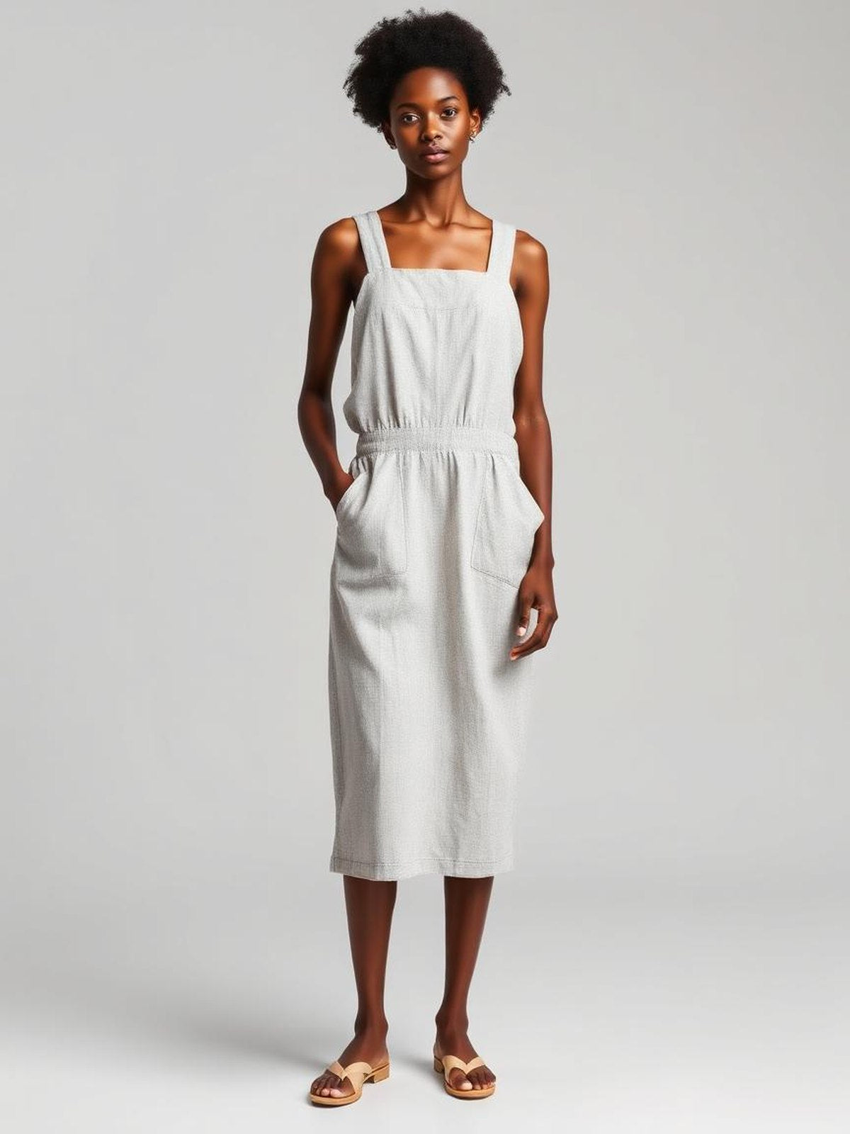 Grey Melange Linen Pinafore Dress