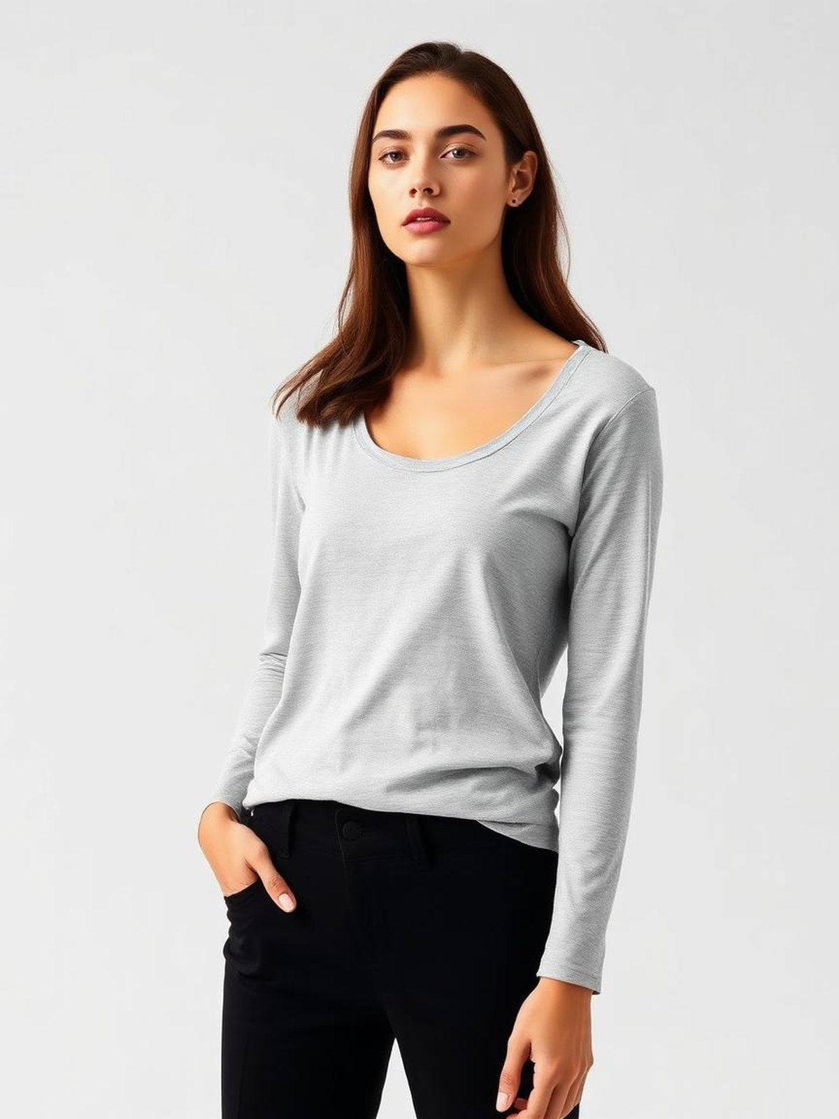 Grey Melange Scoop Neck Long Sleeve Tee