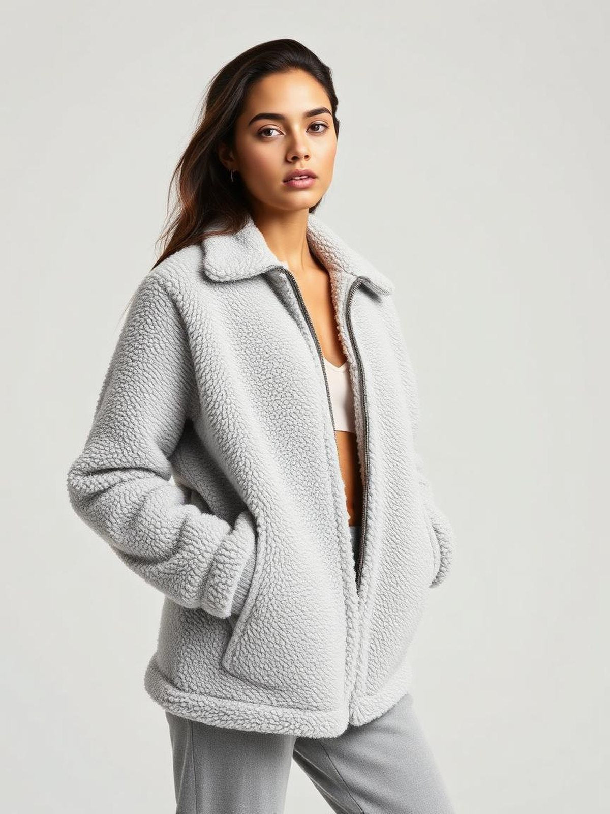 Grey Melange Teddy Fleece Jacket