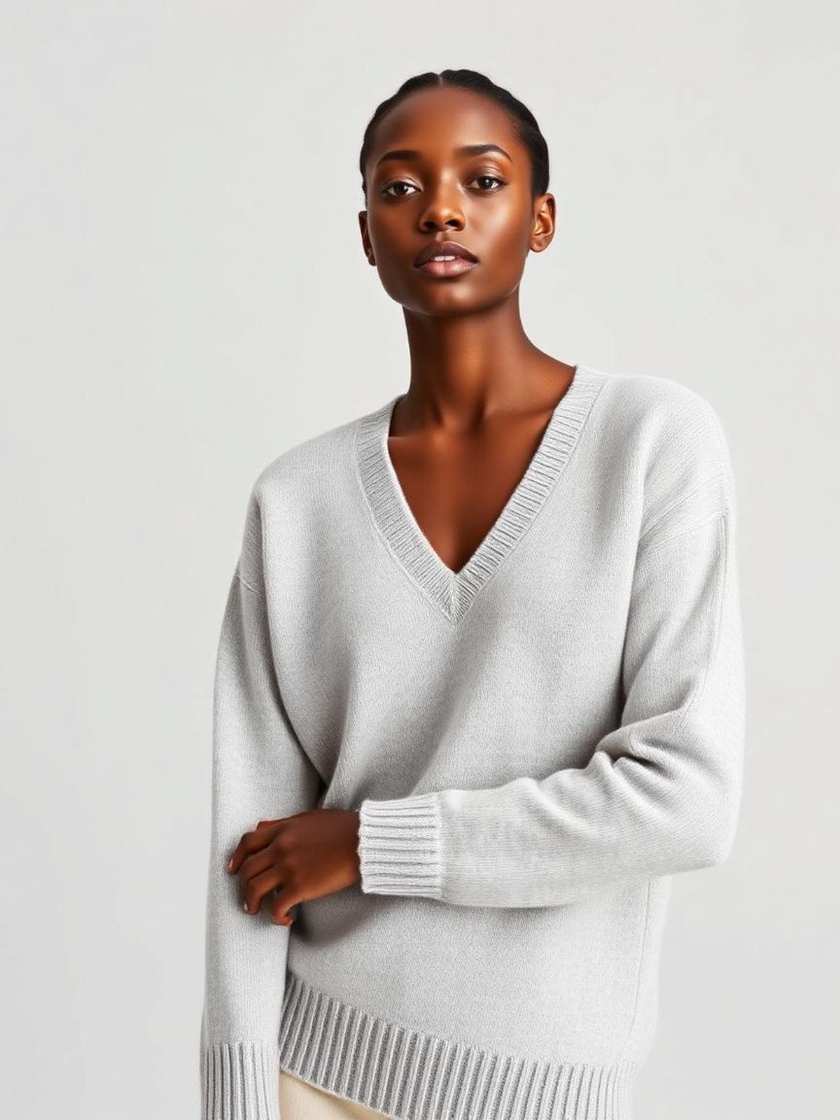 Grey Melange V-Neck Fine Knit Sweater