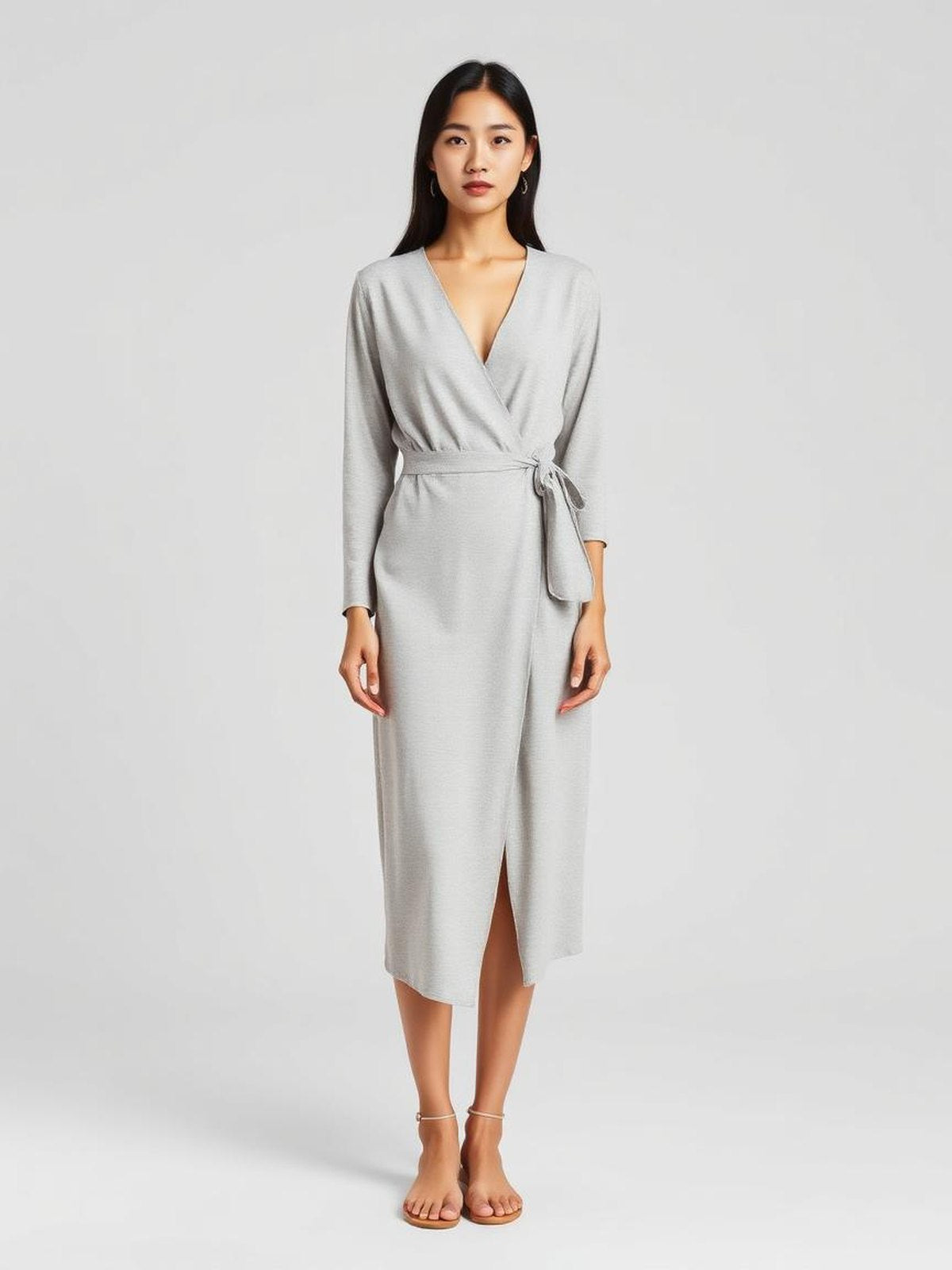 Grey Melange Wrap Midi Dress