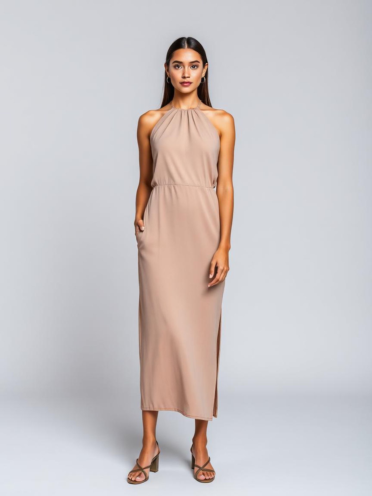 Halterneck Midi Dress — Taupe